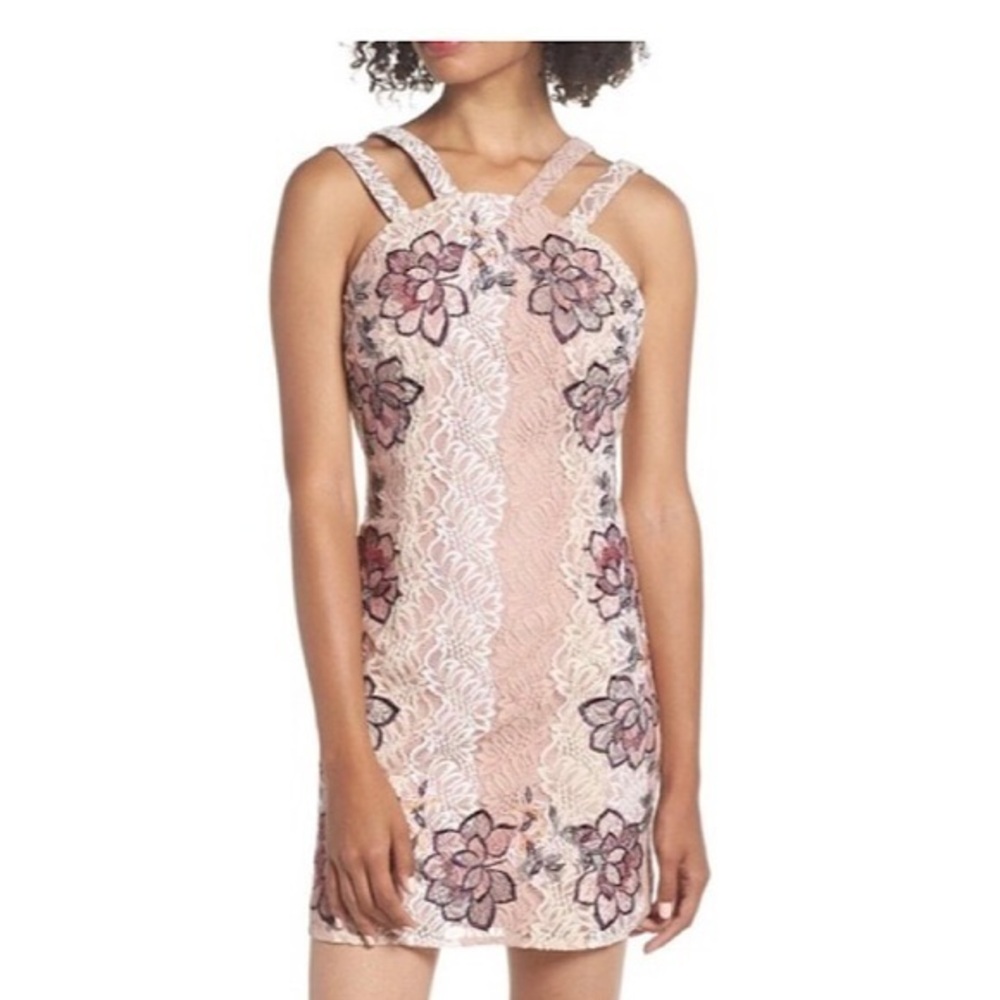Anthropologie Foxiedox Lace Sheath Dress Size 4 Open Back Floral Appliqué